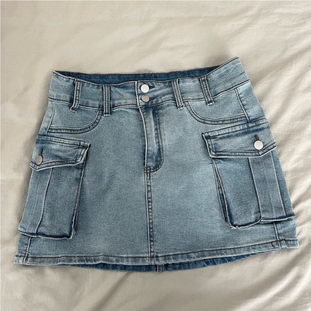 Light Blue Denim Mini Skirt with Cargo Pockets